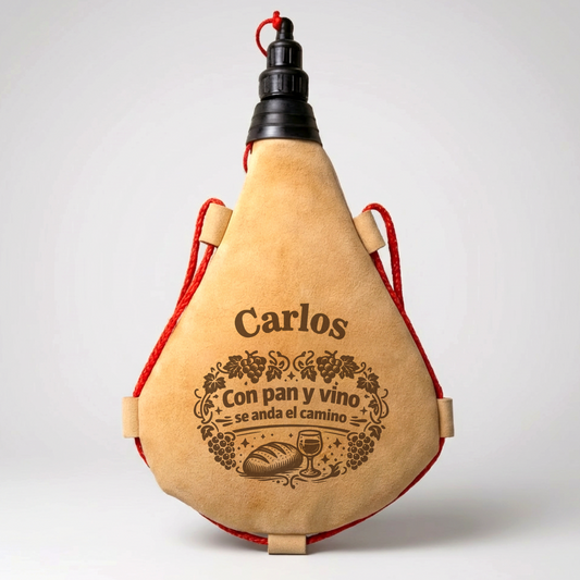 Bota tradicional de piel 1 L "Con pan y vino se anda el camino" personalizada con nombre – recipiente vacío
