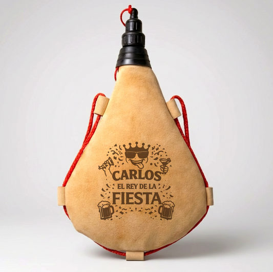Bota tradicional de piel 1 L "El rey de la fiesta" personalizada con nombre – recipiente vacío